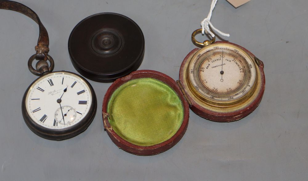 A Victorian cased pocket barometer, an H. Benson silver pocket watch and a wax seal box